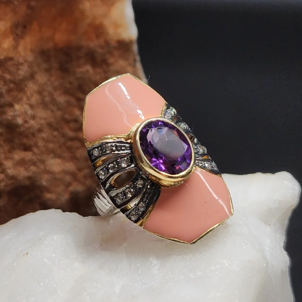 Sterling Silver 925/18k Gold Massive Ring Diamond Amethyst Gemstones